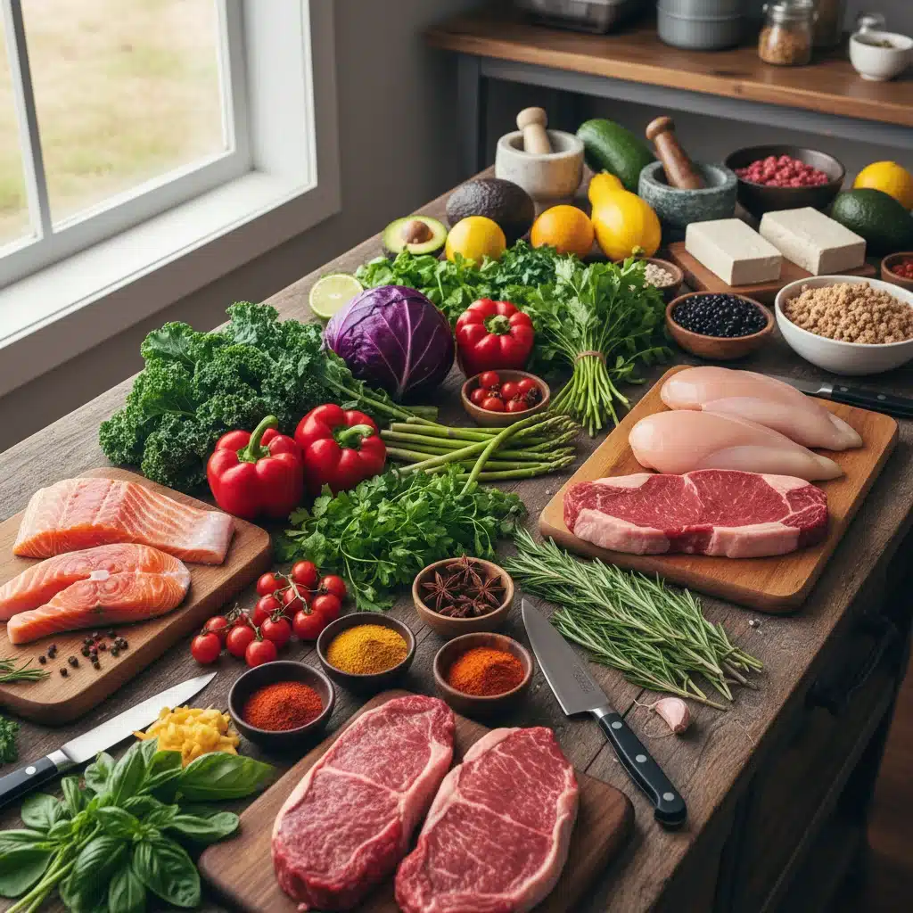Colorful fresh ingredients for diverse main dishes on a rustic wooden table.