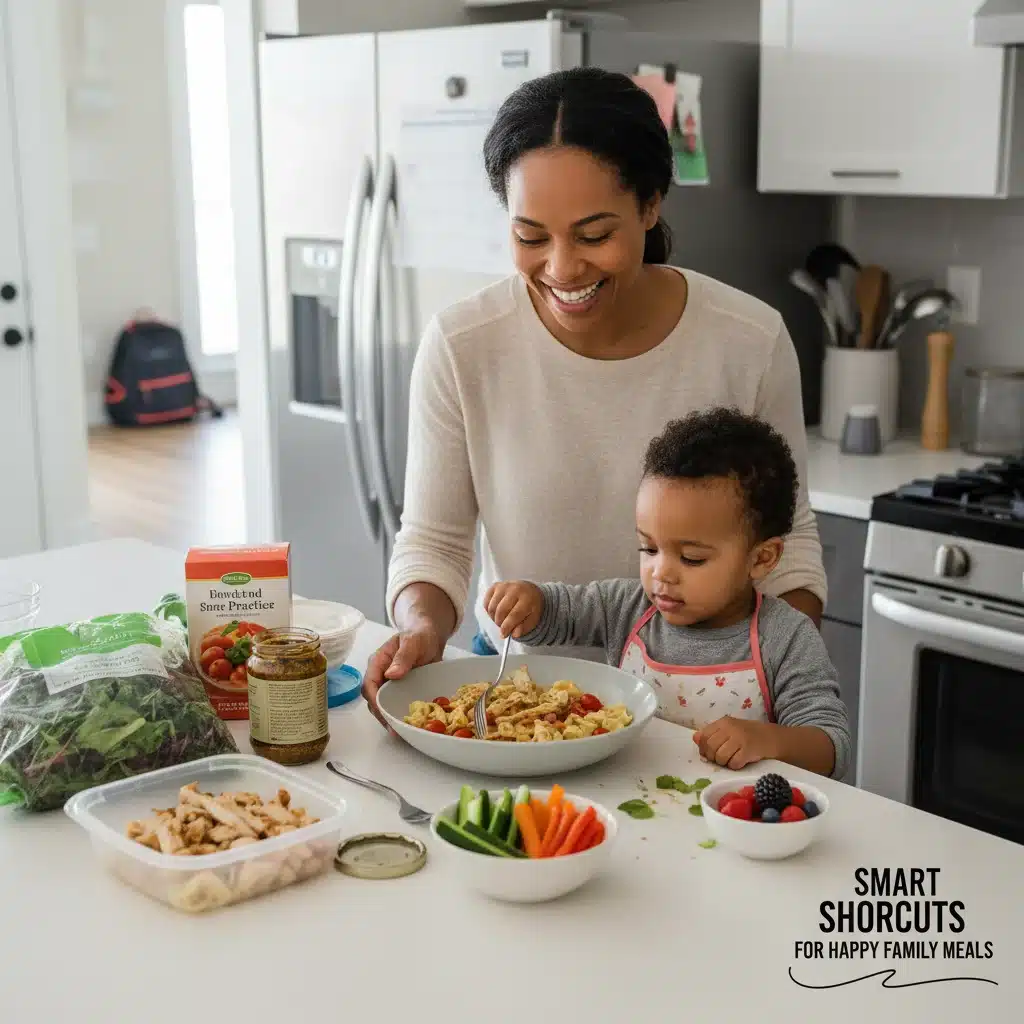 Happy family enjoying a quick, healthy dinner thanks to shortcuts.