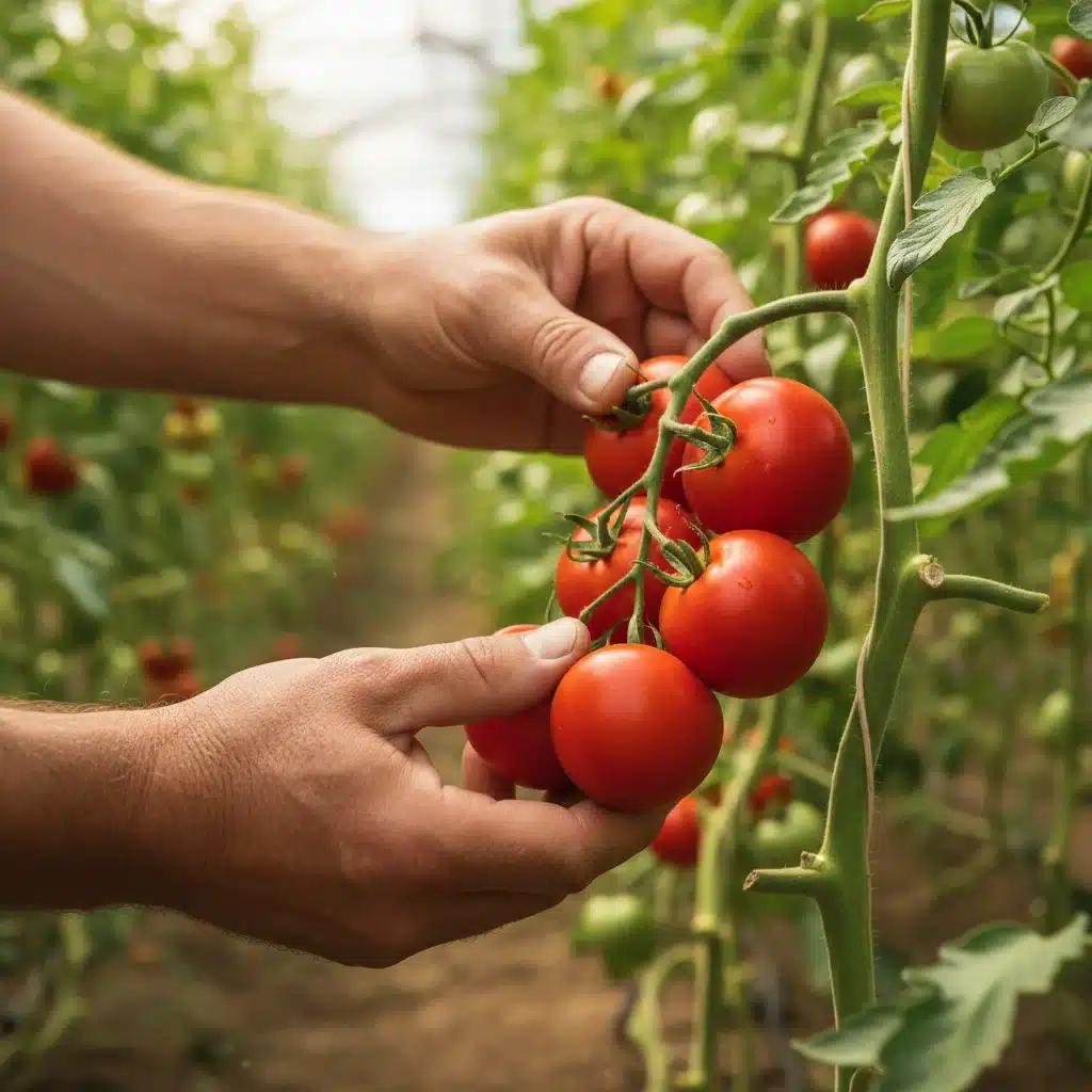 Farmer's hands harvesting ripe organic tomatoes in a greenhouse, emphasizing local and sustainable farming.