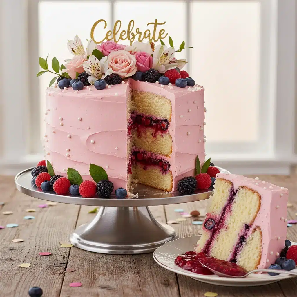 Slice of moist gluten-free celebration cake with berry filling.