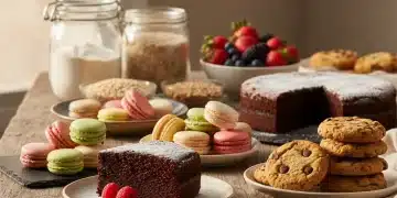 Assortment of delicious gluten-free sweet treats on a wooden table with baking ingredients.