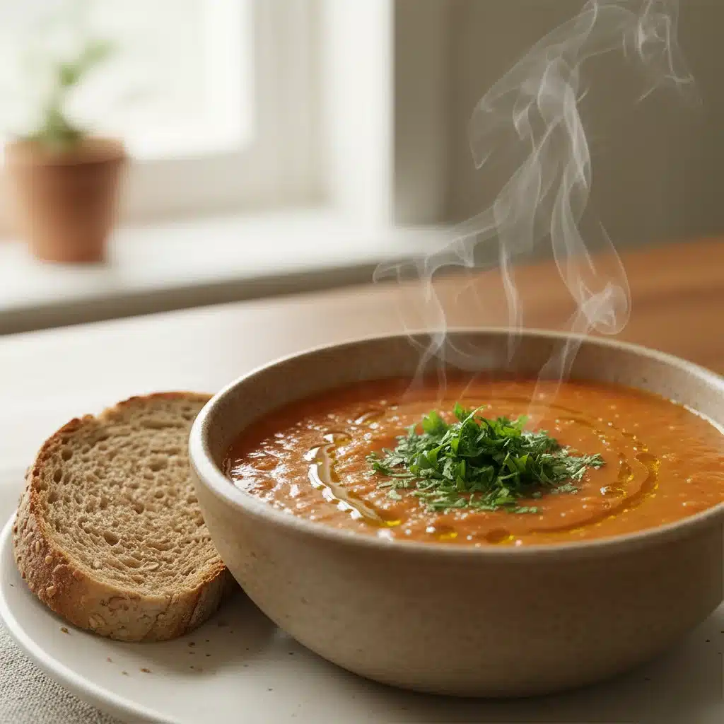 Hearty lentil soup with fresh parsley and whole-wheat bread, a perfect budget healthy meal