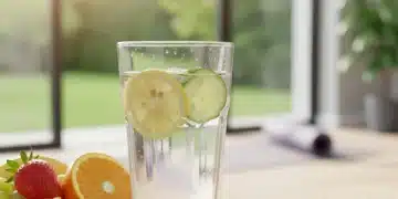 Glass of water with lemon and cucumber, fresh fruits, and fitness tracker