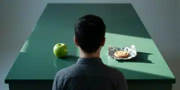 A person stands before a counter with a green apple on one side and a chocolate cookie on the other, representing the 'all-or-nothing' mindset in healthy eating.