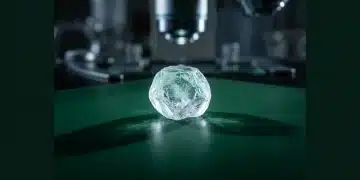Extreme macro photograph of an allulose crystal on a green laboratory slide, with blurred scientific equipment in the background, illustrating the discovery of novel sweeteners.