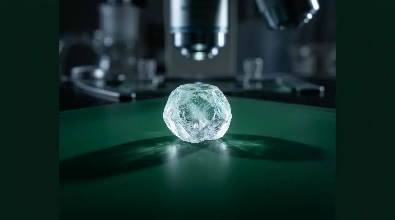 Extreme macro photograph of an allulose crystal on a green laboratory slide, with blurred scientific equipment in the background, illustrating the discovery of novel sweeteners.