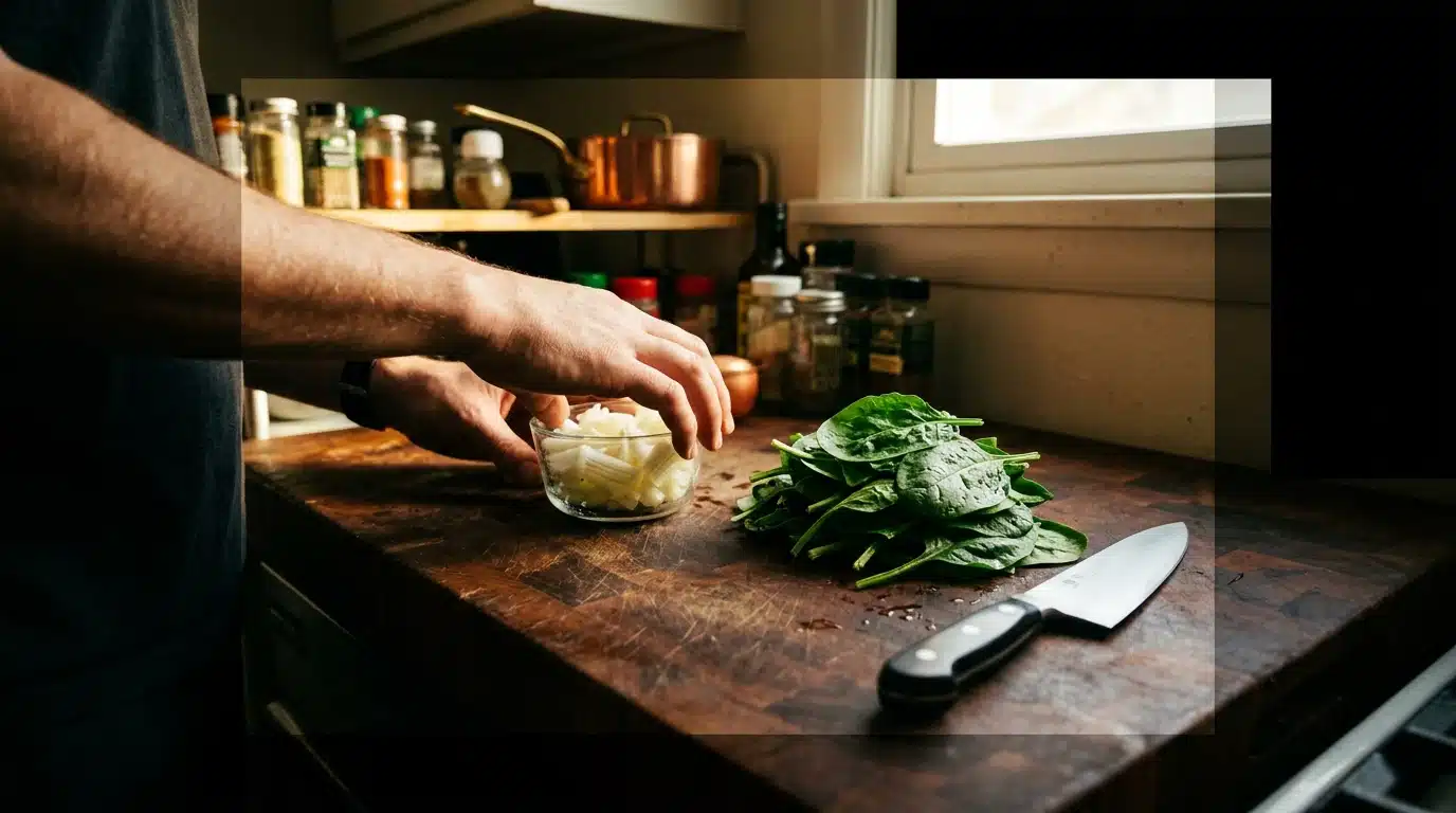 A person's hands preparing vegetables in an organized kitchen, showcasing the mise en place technique for efficient meal prep, high-contrast lighting.