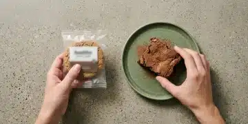 Overhead view of hands comparing a store-bought protein cookie and a homemade almond flour brownie on a green plate, highlighting cost contrast.