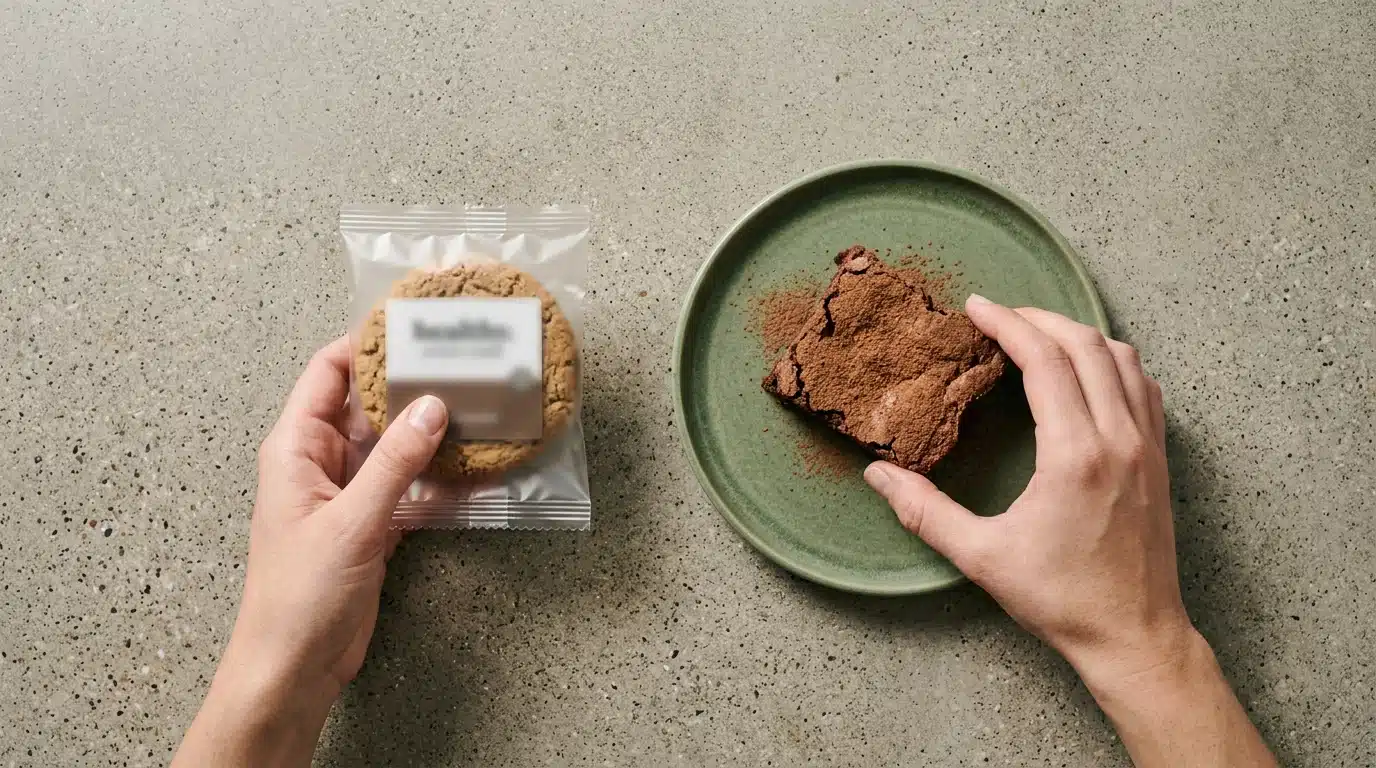 Overhead view of hands comparing a store-bought protein cookie and a homemade almond flour brownie on a green plate, highlighting cost contrast.