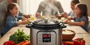 Instant Pot express meals cooking quickly, surrounded by fresh ingredients for a family dinner.