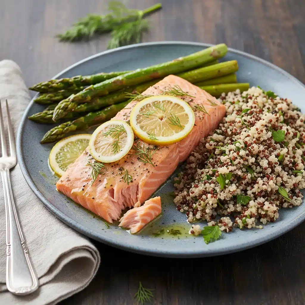 Instant Pot lemon herb salmon with asparagus and quinoa on a white plate.
