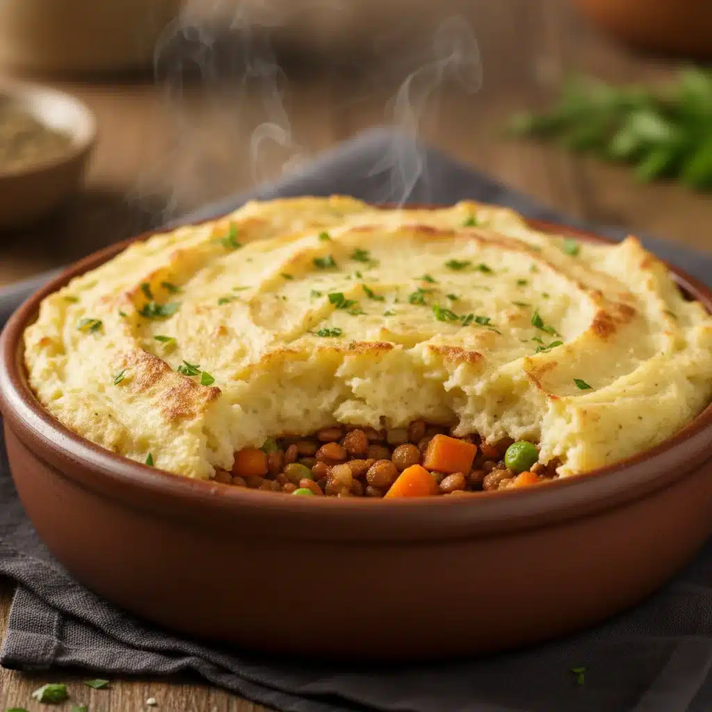 Close-up of a hearty lentil shepherd's pie with a golden mashed potato topping.