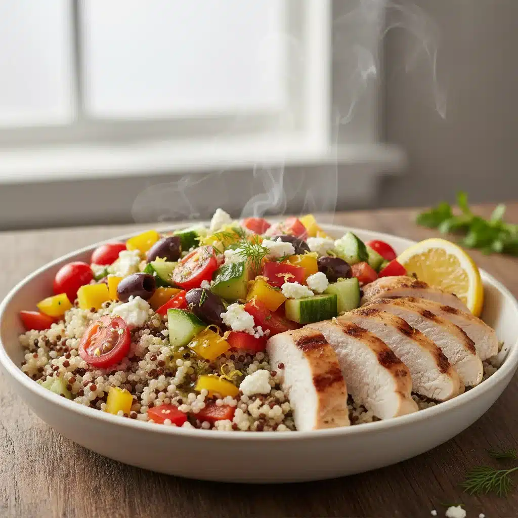 Speedy Mediterranean Quinoa Bowl with fresh vegetables and grilled chicken