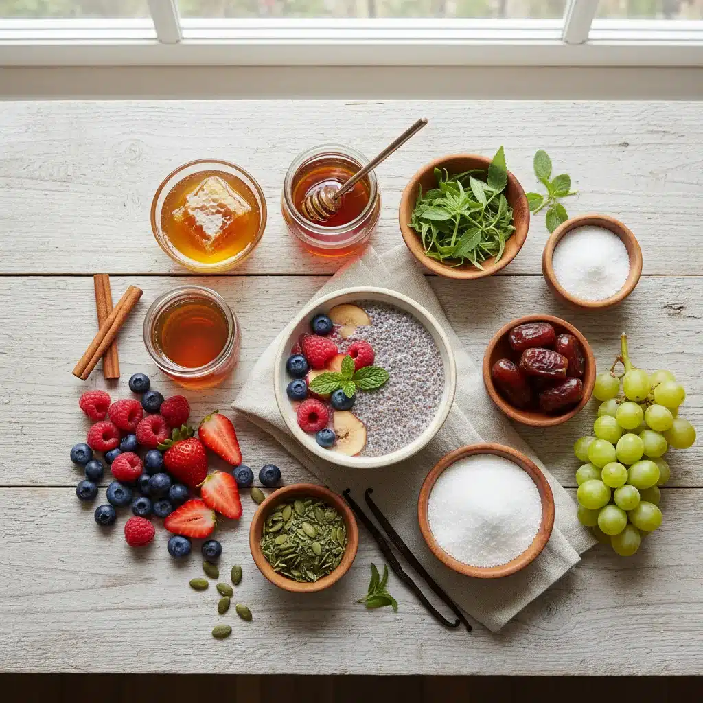 Assortment of natural sugar alternatives and a low-sugar dessert, highlighting healthier sweetening options.
