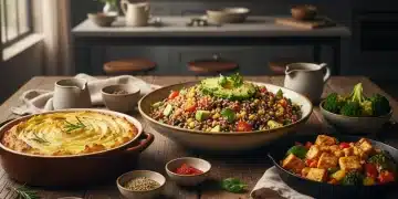 Colorful spread of three plant-based main dishes: lentil shepherd's pie, quinoa bowl, and baked tofu.