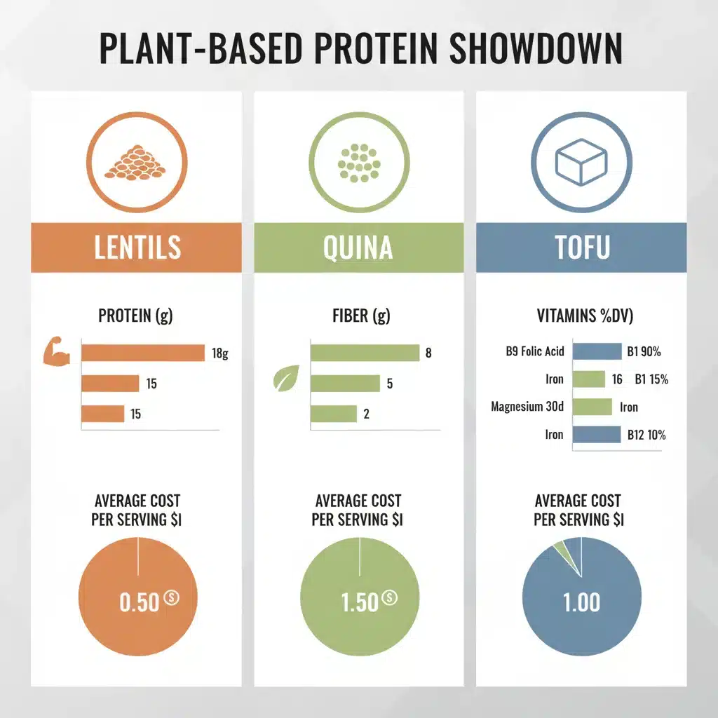 Infographic comparing nutrition and cost of lentils, quinoa, and tofu.