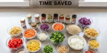 Assortment of pre-prepped ingredients for quick dinner, saving time.