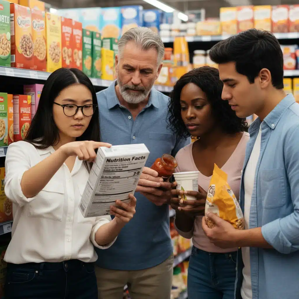 Diverse individuals diligently reading nutrition labels in a grocery store aisle, focusing on added sugars.