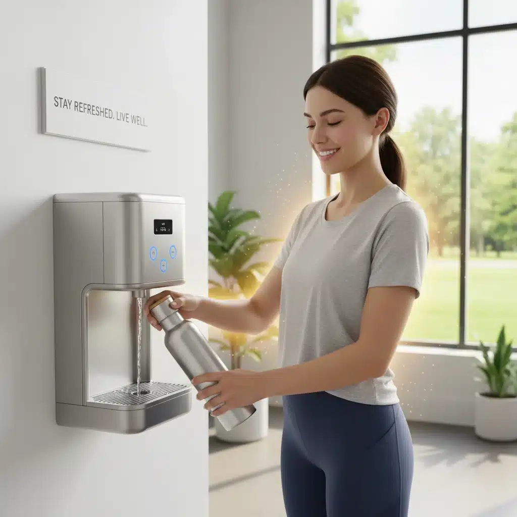 Person refilling reusable water bottle at dispenser