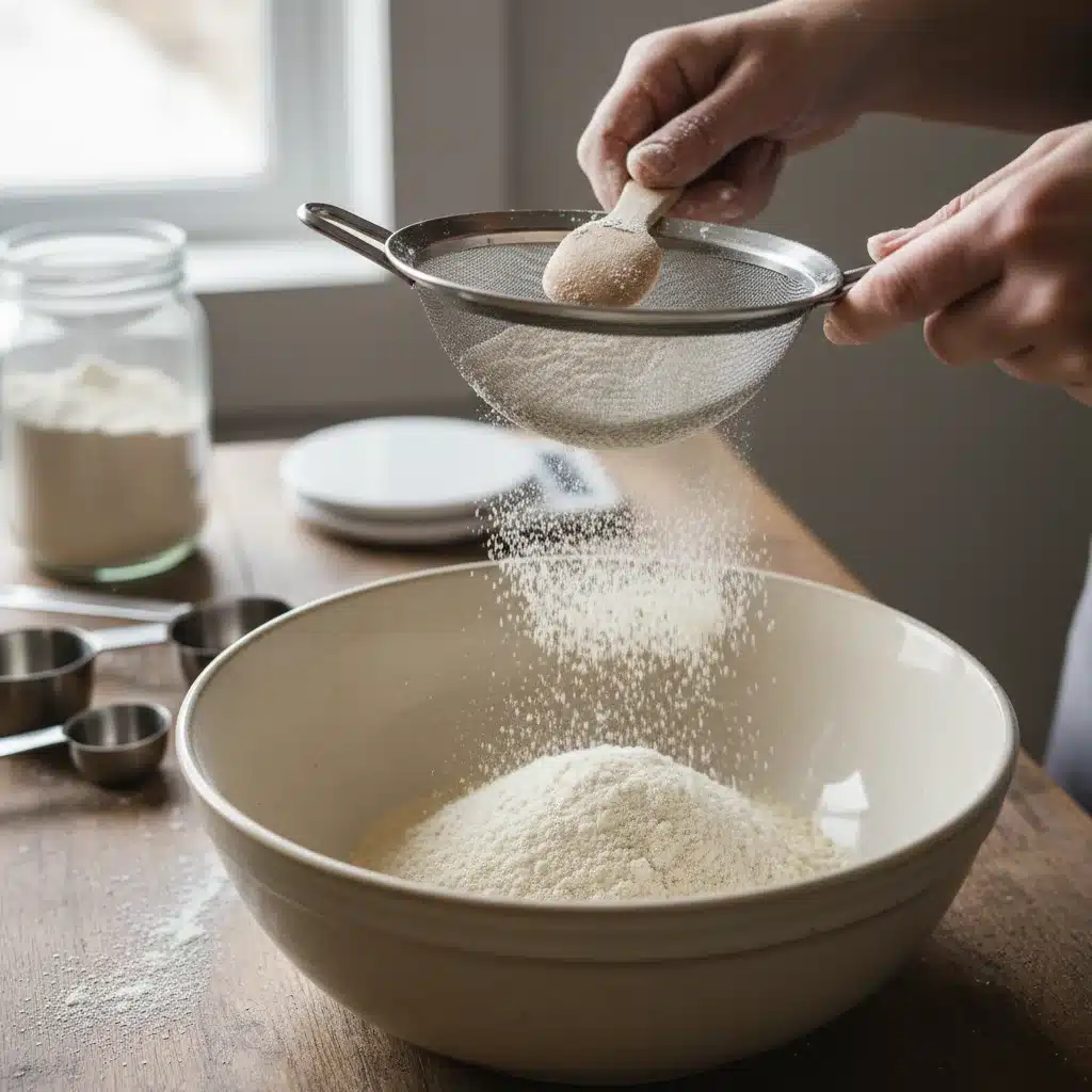 Hands sifting gluten-free flour into a bowl for baking.
