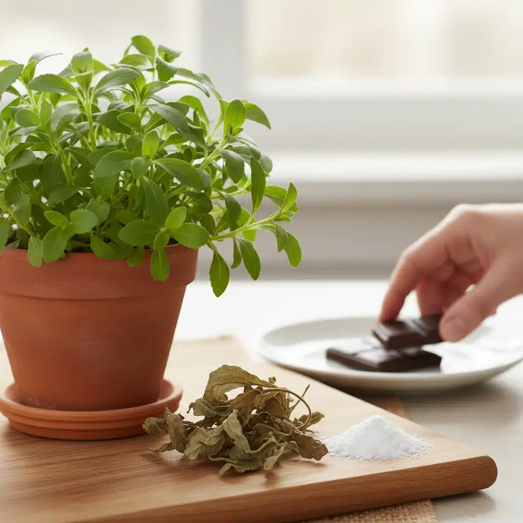 Stevia plant and extract, symbolizing natural sugar reduction in confectionery.