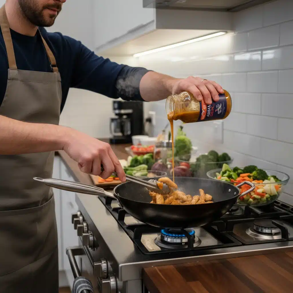 Assembling a quick stir-fry with pre-cut chicken and jarred sauce.