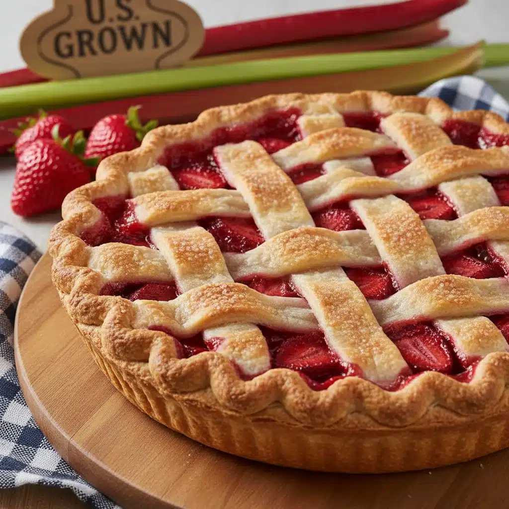 Delicious strawberry rhubarb pie with fresh U.S. strawberries and rhubarb.