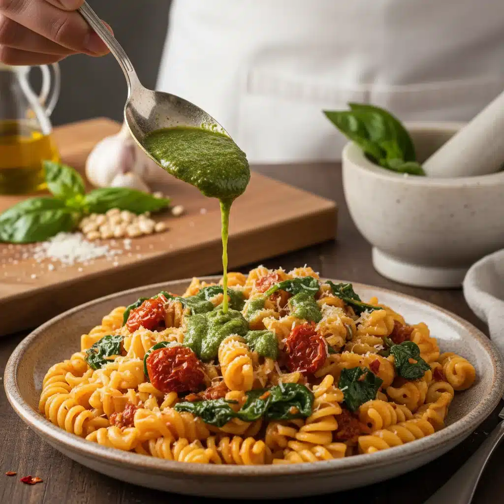 Creamy Sun-Dried Tomato Pasta with fresh spinach and a vibrant pesto drizzle