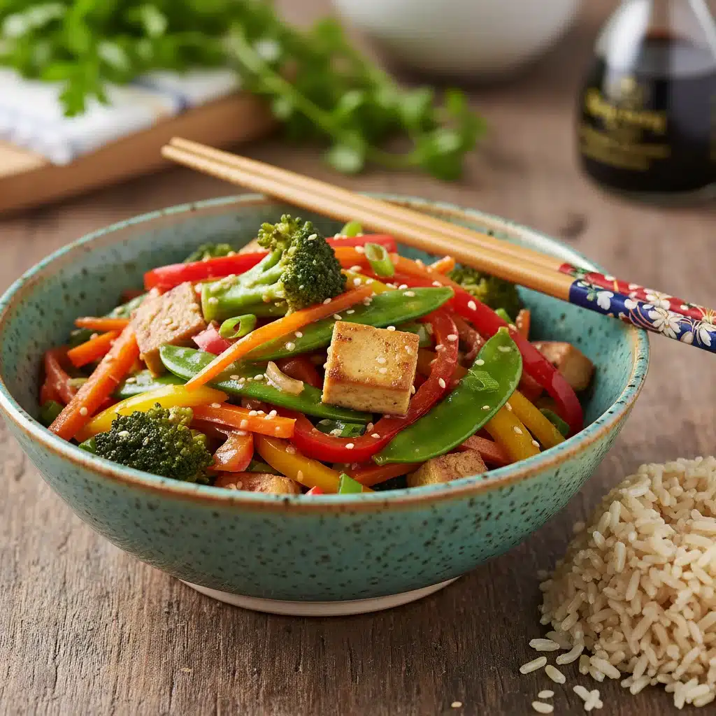 Vibrant vegetarian stir-fry with tofu and brown rice, an economical healthy dinner option