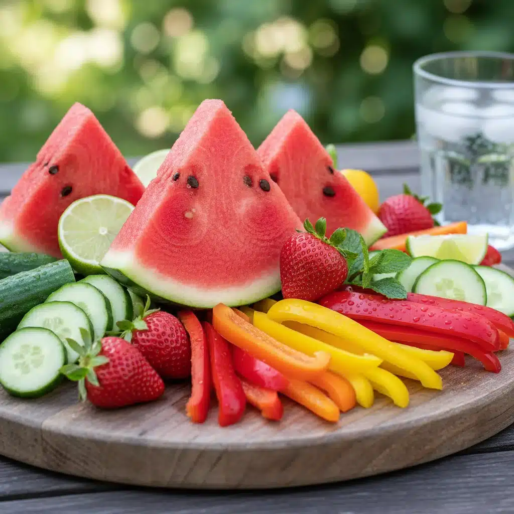 Colorful assortment of water-rich fruits and vegetables